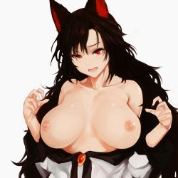 Rule 34 | 1girl, animal ear fluff, animal ears, armpit hair, bare shoulders, black hair, breasts, breasts apart, brooch, collarbone, commentary request, dress, fang, hair between eyes, hands up, head tilt, highres, imaizumi kagerou, jewelry, large breasts, long hair, long sleeves, looking at viewer, nipples, no bra, nuppehofu (nibuta), off-shoulder dress, off shoulder, red eyes, simple background, solo, sweat, touhou, upper body, very long hair, white background, white dress, wolf ears