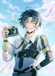 1boy absurdres armor asaba_harumasa asymmetrical_gloves bird black_gloves black_shorts blue_hair blue_sky camera choker closed_eyes collared_shirt commentary_request facing_viewer fuli_(narumiyafuri) gloves grin hand_on_own_hip headband highres holding holding_camera male_focus mismatched_gloves outdoors shirt short_hair shorts shoulder_armor sky smile solo white_shirt yellow_gloves yellow_headband zenless_zone_zero