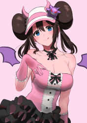 Rule 34 | 1girl, :q, absurdres, alternate costume, black choker, blue eyes, blush, breasts, brown hair, choker, cleavage, collarbone, commentary request, creatures (company), double bun, fake horns, frills, game freak, gen 1 pokemon, gengar, gloves, hair between eyes, hair bun, head tilt, highres, horns, large breasts, looking at viewer, nintendo, nishikino kee, pink background, pink gloves, pokemon, pokemon (creature), pokemon bw2, rosa (pokemon), sidelocks, simple background, smile, solo, tongue, tongue out, two-tone headwear, visor cap