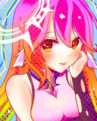 Rule 34 | 1girl, :p, absurdres, animal ears, bird ears, breast hold, breasts, commentary request, compass rose halo, crop top, gloves, gradient eyes, gradient hair, hair between eyes, halo, highres, jibril (no game no life), large breasts, long hair, looking at viewer, magic circle, multicolored eyes, multicolored hair, naughty face, no game no life, non izuna, orange eyes, pink hair, smile, solo, tongue, tongue out, wing ears, yellow eyes