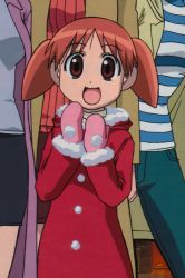Rule 34 | 1girl, azumanga daiou, brown hair, child, coat, gloves, highres, mihama chiyo, official art, orange hair, scan, smile, solo focus, twintails, winter clothes, winter coat