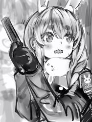 Rule 34 | 2girls, :d, animal ears, bad id, bad pixiv id, blurry, blurry background, blush, braid, depth of field, don-chan (usada pekora), greyscale, gun, hands up, highres, holding, holding gun, holding weapon, hololive, hololive indonesia, kureiji ollie, long hair, long sleeves, monochrome, multiple girls, nanashi (nlo), open mouth, rabbit ears, resident evil, smile, solo focus, symbol in eye, thick eyebrows, twin braids, twintails, two-handed, virtual youtuber, wavy mouth, weapon