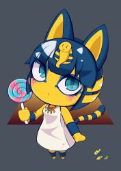 Rule 34 | 1girl, absurdres, animal crossing, ankha (animal crossing), bare shoulders, barefoot, blue eyeliner, blue eyes, blue hair, blue tail, blunt bangs, blush, bob cut, breasts, candy, cat, dark blue hair, dress, egyptian, egyptian clothes, eyelashes, eyeliner, eyes visible through hair, food, full body, furry, furry female, grey background, headpiece, highres, holding, holding candy, holding food, holding lollipop, legs apart, lollipop, makeup, multicolored tail, nintendo, sakumochi (pixiv4431677), short hair, small breasts, solo, standing, striped tail, swirl lollipop, tail, two-tone tail, usekh collar, white dress, yellow tail