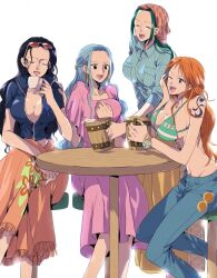 Rule 34 | 4girls, ^ ^, arm tattoo, beer mug, bikini, bikini top only, black hair, blue hair, blue jacket, blue shirt, bracelet, breasts, cleavage, closed eyes, commentary request, crossed legs, cup, denim, dress, earrings, eyewear on head, green hair, head scarf, highres, holding, holding cup, jacket, jewelry, large breasts, light blue hair, log pose, long dress, long skirt, looking at another, makino (one piece), may snmk, mug, multiple girls, nami (one piece), nefertari vivi, nico robin, one eye closed, one piece, open mouth, orange hair, pink dress, pink sarong, ring, shirt, sidelocks, simple background, sitting, skirt, smile, striped clothes, striped shirt, swimsuit, tattoo, vertical-striped clothes, vertical-striped shirt, white background, yellow skirt