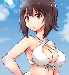 Rule 34 | 10s, 1girl, bikini, breasts, brown eyes, brown hair, cleavage, closed mouth, cloud, cloudy sky, commentary, day, front-tie bikini top, front-tie top, girls und panzer, halterneck, hand on own hip, kitayama miuki, light frown, looking at viewer, medium breasts, nishizumi maho, outdoors, short hair, sky, solo, standing, swimsuit, upper body, white bikini