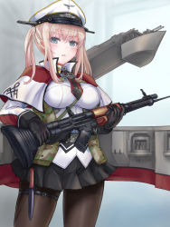 Rule 34 | 1girl, automatic rifle, battle rifle, black gloves, black pantyhose, black skirt, blonde hair, blue eyes, blush, breasts, capelet, cowboy shot, dagger, em s, fg 42, gloves, graf zeppelin (kancolle), gun, hair between eyes, hat, highres, holding, holding gun, holding weapon, kantai collection, knife, large breasts, long hair, long sleeves, machinery, military, military uniform, open mouth, pantyhose, peaked cap, pleated skirt, rifle, rigging, sidelocks, skirt, solo, turret, twintails, uniform, weapon, white hat