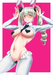 Rule 34 | 1girl, anchovy (girls und panzer), animal ears, black necktie, blush, breasts, covered erect nipples, drill hair, earrings, fake animal ears, female focus, girls und panzer, green hair, hair ornament, hair ribbon, heart maebari, heart pasties, highres, jewelry, large breasts, looking at viewer, maebari, meme attire, navel, necktie, pasties, rabbit ears, rabbit pose, red eyes, reverse bunnysuit, reverse outfit, ribbon, solo, tatami san tatami, tears, thighhighs, twin drills, twintails, white thighhighs, wrist cuffs