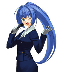 Rule 34 | 00s, 1girl, ;d, a1 (initial-g), blue eyes, blue hair, bus guide, flight attendant, gloves, hayase mitsuki, kimi ga nozomu eien, long hair, matching hair/eyes, microphone, one eye closed, open mouth, pencil skirt, ponytail, simple background, skirt, smile, solo, travel attendant, white background, wink