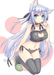 Rule 34 | 1girl, absurdres, animal ear fluff, animal ears, bare shoulders, bell, blue eyes, blush, breasts, cat cutout, cat ear panties, cat ears, cat lingerie, cat tail, choker, cleavage, cleavage cutout, clothing cutout, full body, hair ribbon, highres, jingle bell, kneeling, large breasts, long hair, looking at viewer, meme attire, navel, neck bell, open mouth, original, panties, purple hair, ribbon, side-tie panties, sogaya, solo, tail, thighhighs, underwear
