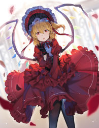 Rule 34 | 1girl, alternate costume, black gloves, blonde hair, blue pantyhose, bonnet, commentary, corset, dress, falken (yutozin), flandre scarlet, flower, frilled dress, frills, gate, gloves, hat, highres, juliet sleeves, lolita fashion, long sleeves, looking at viewer, medium hair, one side up, open mouth, outdoors, pantyhose, petals, puffy sleeves, red dress, red eyes, red flower, red hat, red rose, rose, rose petals, solo, touhou, wind, wings