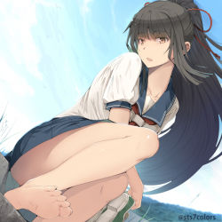 Rule 34 | 1girl, :o, barefoot, black hair, blue shirt, blue sky, brown eyes, commentary request, feet, from below, grass, hair ribbon, long hair, looking at viewer, open mouth, original, pleated skirt, red neckwear, ribbon, rock, sailor collar, school uniform, serafuku, shirt, short sleeves, sidelocks, skirt, sky, soles, solo, sts, thighs, toes, white shirt