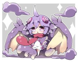 Rule 34 | 1girl, ahoge, blush, brown wings, chameleos, chibi, commentary, dress, fang, full body, hair between eyes, highres, long sleeves, looking at viewer, milkpanda, monster hunter (series), open mouth, personification, purple eyes, purple hair, red scarf, ringed eyes, scarf, short eyebrows, sleeves past wrists, smoke, solo, sparkle, standing, thick eyebrows, thighhighs, triangle mouth, white dress, white thighhighs, wide sleeves, wings