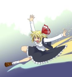 Rule 34 | 1girl, blonde hair, fang, female focus, hair ribbon, long sleeves, nadaka harutsugu, open mouth, outstretched arms, red eyes, ribbon, rumia, short hair, solo, touhou, vest