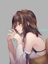 Rule 34 | 1girl, aqua nails, back bow, backless shirt, bare shoulders, beads, black bra, blue eyes, bow, bra, bracelet, breasts, brown hair, detached sleeves, final fantasy, final fantasy x, grey background, hair beads, hair between eyes, hair ornament, japanese clothes, jewelry, looking to the side, medium breasts, medium hair, nail polish, nontraditional miko, own hands clasped, own hands together, sasanomesi, shirt, solo, underwear, white shirt, wide sleeves, yuna (ff10)