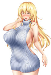 Rule 34 | 10s, 1girl, atago (kancolle), blonde hair, blush, breasts, closed eyes, highres, hip focus, huge breasts, kantai collection, long hair, meme attire, open mouth, sideboob, simple background, smile, solo, tama (tamakaka1031), thick thighs, thighs, virgin killer sweater, white background