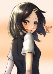 Rule 34 | 1girl, artist logo, black hair, black vest, commentary request, dated, gradient background, hair ornament, hairclip, highres, kantai collection, kuroshio (kancolle), ld (luna dial398), looking at viewer, looking back, one-hour drawing challenge, open mouth, orange background, school uniform, shirt, short hair, short sleeves, smile, solo, upper body, vest, white shirt, yellow eyes