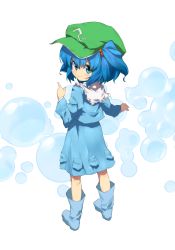 Rule 34 | 1girl, bad id, bad pixiv id, blue eyes, blue hair, blush, boots, bubble, child, female focus, from behind, hair bobbles, hair ornament, hat, highres, kawashiro nitori, looking at viewer, looking back, matching hair/eyes, pocket, pointing, rubber boots, sawayaka samehada, shirt, skirt, skirt set, smile, solo, touhou, twintails, two side up