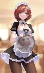 Rule 34 | 1girl, absurdres, apron, bad id, bad twitter id, black bow, black dress, black pantyhose, blurry, blurry background, bow, breasts, brown eyes, brown hair, cleavage, commentary, cowboy shot, dress, floral print, foreshortening, frilled apron, frills, hair ornament, hairclip, highres, higuchi madoka, holding, holding tray, idolmaster, idolmaster shiny colors, indoors, leviathan (hikinito0902), looking at viewer, maid headdress, medium breasts, pantyhose, petticoat, puffy short sleeves, puffy sleeves, short hair, short sleeves, solo, tray, waist apron, white apron, wrist cuffs, x hair ornament