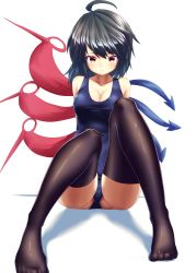 Rule 34 | 1girl, ahoge, alternate costume, arms behind back, ass, asymmetrical wings, bare shoulders, black hair, black thighhighs, blue one-piece swimsuit, blue wings, blush, breasts, cleavage, closed mouth, commentary request, eyelashes, full body, highres, houjuu nue, kisamu (ksmz), knees, large breasts, looking at viewer, no shoes, one-piece swimsuit, red eyes, red wings, short hair, simple background, sitting, smile, solo, swimsuit, thighhighs, thighs, touhou, white background, wings