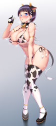 Rule 34 | 1girl, :o, absurdres, animal ears, animal print, bare shoulders, bell, bikini, black footwear, black gloves, black hair, blue eyes, blunt bangs, blush, bottle, breasts, brown hair, cleavage, collar, collarbone, commentary request, covered erect nipples, cow ears, cow girl, cow horns, cow print, cow print bikini, cow tail, cowbell, curvy, elbow gloves, fake animal ears, fake horns, fake tail, from side, full body, gloves, gradient background, grey background, hair ornament, hairclip, hand on own thigh, high heels, highres, horns, huge breasts, kawase seiki, kirigaya suguha, knees together feet apart, large breasts, leaning forward, looking at viewer, milk bottle, navel, neck bell, open mouth, print bikini, print thighhighs, shoes, short hair, side-tie bikini bottom, simple background, skindentation, solo, spilling, suggestive breast milk, sweat, swimsuit, sword art online, tail, thick thighs, thighhighs, thighs