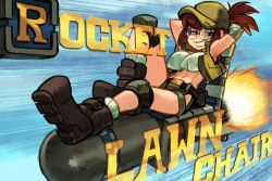Rule 34 | 1girl, abs, alex ahad, arms behind head, baseball cap, beach chair, belt, boots, brown eyes, brown hair, chair, crop top, crossed legs, fio germi, glasses, hat, highres, knee pads, looking at viewer, lounge chair, lying, metal slug, open clothes, open vest, ponytail, pun, rocket, round eyewear, shorts, smile, solo, text focus, vest