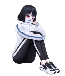 Rule 34 | 1girl, absurdres, black hair, black pants, covered mouth, dress, full body, high collar, highres, hugging own legs, jacket, knees up, long sleeves, original, pants, purple eyes, shoes, short hair, simple background, sitting, sleeves past wrists, sneakers, solo, star (symbol), track jacket, track pants, white background, white footwear, white jacket, yuyo (i iuyo), zipper, zipper pull tab