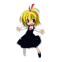 Rule 34 | 1girl, blonde hair, embodiment of scarlet devil, female focus, hair ribbon, kiku hitomoji, necktie, outstretched arms, red eyes, ribbon, rumia, short hair, solo, spread arms, touhou