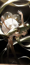 Rule 34 | 1girl, absurdly long hair, aqua eyes, aqua hair, ballerina, ballet, ballet dress, ballet slippers, bare shoulders, bent over, bowing, breasts, closed mouth, downblouse, dress, floating hair, gold choker, gold trim, gramophone miku, hatsune miku, highres, jewelry, light particles, long hair, looking at viewer, miku symphony (vocaloid), neck ring, pleated skirt, see-through, see-through dress, simple background, single thighhigh, skirt, smile, solo, strapless, strapless dress, thighhighs, thighlet, tiptoes, twintails, very long hair, vocaloid, white dress, xiaojiaju