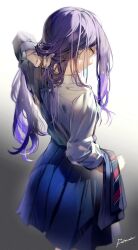 Rule 34 | 1girl, artist name, blue hair, chinese commentary, commentary, diagonal-striped clothes, diagonal-striped necktie, earrings, fingernails, hair ornament, highres, jacket, jewelry, jingzhaowhale, long hair, long sleeves, looking at viewer, necktie, orange eyes, project sekai, shiraishi an, shirt, sleeves pushed up, solo, star (symbol), star hair ornament, striped clothes, unworn jacket, unworn necktie, white shirt