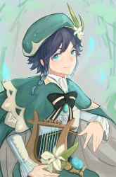 Rule 34 | 1boy, androgynous, beret, black hair, blue hair, bow, braid, brooch, cape, closed mouth, collared cape, collared shirt, corset, cynthia sui, flower, frilled sleeves, frills, gem, genshin impact, gradient hair, green eyes, green hat, hair flower, hair ornament, hat, highres, holding, holding instrument, instrument, jewelry, leaf, long sleeves, looking at viewer, lyre, male focus, multicolored hair, shirt, short hair with long locks, simple background, smile, solo, twin braids, venti (genshin impact), vision (genshin impact), white flower, white shirt
