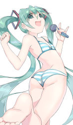 Rule 34 | 1girl, ass, bad id, bad pixiv id, barefoot, bikini, feet, flat chest, foot focus, foreshortening, from behind, green eyes, green hair, hatsune miku, hmniao, long hair, looking back, m/, matching hair/eyes, microphone, nail polish, open mouth, simple background, soles, solo, striped bikini, striped clothes, swimsuit, toes, twintails, very long hair, vocaloid, white background