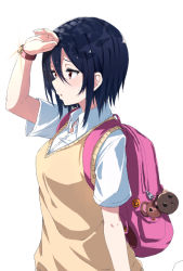 Rule 34 | 1girl, backpack, bad id, bad pixiv id, bag, bag charm, black hair, brown eyes, charm (object), from side, hair between eyes, charm (object), neko sensha, school uniform, short hair, solo, sweater vest, watch, wristwatch