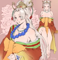 Rule 34 | 1girl, bad id, bad pixiv id, barefoot, blue eyes, bow, breasts, breasts apart, cleavage, collage, dragon quest, dragon quest xi, eyeshadow, floral background, forehead, grey hair, hair bun, half-closed eyes, headdress, highres, japanese clothes, jewelry, kenshin187, kimono, lips, long hair, looking at viewer, magatama, makeup, medium breasts, necklace, nima daishi, nipples, no bra, off shoulder, orange bow, pearl necklace, single hair bun, sitting, solo, topless, wide hips