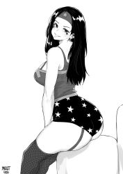 Rule 34 | 1girl, ass, ass focus, bare shoulders, black hair, commentary, commission, curvy, dc comics, earrings, english commentary, fishnet legwear, fishnets, garter straps, greyscale, grin, head tilt, headband, highres, jewelry, long hair, looking at viewer, looking back, looking to the side, monochrome, norman maggot, original, short shorts, shorts, simple background, sitting, smile, solo, star (symbol), star earrings, tank top, white background, wonder woman, wonder woman (series)