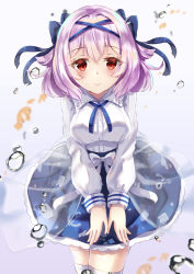 Rule 34 | 1girl, absurdres, anchor symbol, aylwin (azur lane), aylwin (sunday aquarium visit) (azur lane), azur lane, blue bow, blue skirt, blush, bow, breasts, closed mouth, clownfish, commentary request, dress shirt, fish, hair between eyes, hair bow, highres, holmemee, large breasts, long sleeves, pleated skirt, puffy long sleeves, puffy sleeves, purple hair, red eyes, see-through, shirt, skirt, smile, solo, striped clothes, striped wrist cuffs, thighhighs, tropical fish, water drop, white bow, white shirt, white thighhighs, wrist cuffs