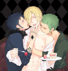 Rule 34 | 3boys, abs, biting, black hair, blonde hair, blush, cake, cum, cum in mouth, cum on body, food, fork, green hair, hair over one eye, kiss, licking, male focus, multiple boys, muscular, nagiayase, naughty face, one piece, pectorals, roronoa zoro, saliva, sanji (one piece), scar, short hair, tattoo, tongue, tongue out, trafalgar law, undressing, word tattoo, yaoi