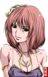 Rule 34 | 1990s (style), 1girl, bare shoulders, breasts, cleavage, dancer, earrings, female focus, final fantasy, final fantasy v, green eyes, hair ornament, jewelry, lenna charlotte tycoon, madhatter hello, necklace, pink hair, short hair, solo, white background
