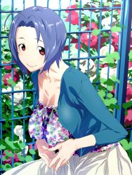 Rule 34 | 10s, ahoge, blue hair, collarbone, flower, highres, idolmaster, idolmaster (classic), idolmaster 2, leaning forward, miura azusa, own hands together, red eyes, short hair, smile, solo, thesale