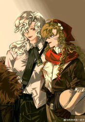 Rule 34 | 2girls, :d, absurdres, bag, black bag, blonde hair, brown coat, brown gloves, brown jacket, coat, collared shirt, cowboy shot, curly hair, fur-trimmed coat, fur trim, gloves, green necktie, green pants, hair over one eye, head scarf, highres, holding, holding palette, jacket, long hair, looking at another, multiple girls, necktie, off shoulder, one eye covered, open mouth, palette (object), pants, profile, purple eyes, red scarf, reverse:1999, scales, scarf, shirt, shoulder bag, smile, vila (reverse:1999), weibo logo, weibo watermark, white hair, white shirt, windsong (reverse:1999), yellow background, yeqing (yqng38991151)