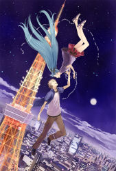 Rule 34 | 1/6 -out of the gravity- (vocaloid), 1boy, 1girl, chain, cityscape, habuki, hatsune miku, hetero, holding hands, long hair, moon, night, sandals, skirt, sky, smile, tokyo tower, twintails, very long hair, vocaloid