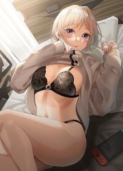 Rule 34 | 1girl, bed, black bra, black panties, blonde hair, blue eyes, blue nails, blush, bra, breasts, buttons, chair, cleavage, clothes lift, commentary request, earrings, highres, jewelry, lace, lace bra, large breasts, looking at viewer, lying, nail polish, navel, nintendo switch, on back, on bed, original, panties, pillow, shaded face, shadow, short hair, solo, sunlight, sweater, sweater lift, tipii, tongue, tongue out, underwear, window