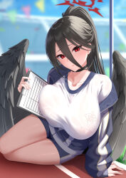Rule 34 | 1girl, absurdres, black choker, black hair, black wings, blue archive, blue jacket, blue shorts, blue sky, blurry, blurry background, breast lift, breasts, choker, clipboard, covered erect nipples, day, feathered wings, gym shirt, gym shorts, gym uniform, hair between eyes, halo, hasumi (blue archive), hasumi (track) (blue archive), highres, iori (nanonamuco), jacket, large breasts, large wings, long hair, long sleeves, looking at viewer, low wings, mole, mole under eye, official alternate costume, open clothes, open jacket, parted lips, partially unzipped, pink nails, ponytail, red eyes, red halo, see-through, shirt, short shorts, shorts, sitting, sky, solo, stadium, sweat, sweatdrop, thighs, track and field, track jacket, wet, wet clothes, wet shirt, white shirt, wings, yokozuwari, zipper