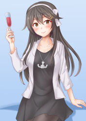 Rule 34 | 1girl, alcohol, anchor necklace, anti (untea9), black dress, black hair, black pantyhose, blue background, breasts, brown eyes, collarbone, cup, dress, drinking glass, gradient background, hair ornament, hairband, hairclip, haruna (kancolle), highres, jewelry, kantai collection, long hair, medium breasts, necklace, pantyhose, sitting, smile, solo