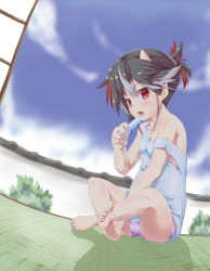 Rule 34 | 1girl, alternate costume, alternate hairstyle, bare shoulders, barefoot, black hair, casual, cone horns, contemporary, crossed legs, feet, food, grey horns, highres, horns, indian style, kijin seija, killing, licking, looking at viewer, multicolored hair, open mouth, panties, pantyshot, popsicle, red eyes, red hair, short hair, sitting, sleeveless, solo, strap slip, tank top, touhou, underwear, white hair