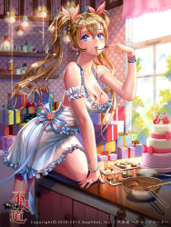 Rule 34 | 1girl, blonde hair, blue eyes, bowl, box, breasts, cake, chocolate, chocolate on body, chocolate on breasts, cleavage, dated, dospi, dress, dripping, food, furyou michi ~gang road~, gift, gift box, heart, heart print, highres, jewelry, large breasts, licking, long hair, lots of jewelry, mixing bowl, on table, original, rabbit, shell casing, solo, spatula, table, twintails, window