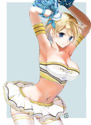 Rule 34 | 1girl, alternate costume, armband, armpits, arms up, artist logo, bare shoulders, blonde hair, blue eyes, braid, breasts, cheerleader, cleavage, closed mouth, clothes writing, coco&#039;s, commentary, cowboy shot, darjeeling (girls und panzer), dixie cup hat, double horizontal stripe, english text, frilled armband, frilled skirt, frills, girls und panzer, hat, hat ribbon, highres, holding, holding pom poms, lace, lace-trimmed shirt, lace trim, large breasts, leaning forward, looking at viewer, microskirt, midriff, military hat, mini hat, navel, outside border, pleated skirt, pom pom (cheerleading), pom poms, ribbon, shirt, short hair, single horizontal stripe, skindentation, skirt, smile, solo, standing, strapless, thighhighs, touma (tsunamiharuru), tube top, twin braids, white hat, white shirt, white skirt, white thighhighs, wristband