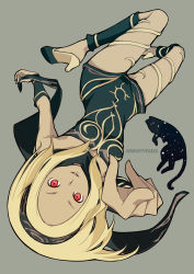 Rule 34 | 1girl, animal, bare shoulders, blonde hair, cat, commentary request, dark skin, dusty (gravity daze), gravity daze, hairband, high heels, highres, kitten (gravity daze), kugatsu takaaki, leotard, long hair, looking at viewer, open mouth, red eyes, scarf, simple background, smile, strapless, vambraces