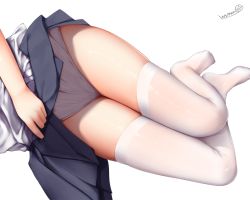 Rule 34 | blue skirt, clothes lift, commentary, highres, lifting own clothes, lower body, lying, on side, original, panties, pleated skirt, school uniform, shiny skin, shirt, signature, simple background, skindentation, skirt, skirt lift, solo, thighhighs, thighs, underwear, white background, white panties, white shirt, white thighhighs, wsman