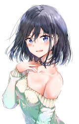 Rule 34 | 1girl, absurdres, adagaki aki, bare shoulders, black hair, blue eyes, blush, breasts, casual, collar, collarbone, collared shirt, hair between eyes, hand to throat, highres, long sleeves, looking at viewer, masamune-kun no revenge, medium breasts, no bra, off-shoulder, off-shoulder sweater, off shoulder, open mouth, shirt, short hair, simple background, single bare shoulder, solo, sunhyun, sweater, upper body, wavy mouth, white background