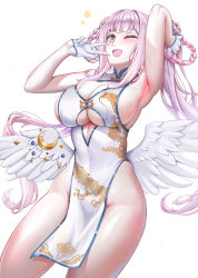 Rule 34 | 1girl, ;d, absurdres, angel wings, armpits, arms up, blue archive, blush, braid, breasts, china dress, chinese clothes, cleavage, cleavage cutout, clothing cutout, covered navel, crescent, dress, feathered wings, gloves, hair bun, hasaya, highres, large breasts, long hair, low wings, mika (blue archive), no panties, one eye closed, open mouth, pink hair, simple background, smile, solo, twin braids, underboob cutout, v, very long hair, white background, white gloves, wings, yellow eyes